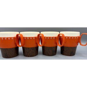 Vtg New-Mar Stackable Orange Brown Mugs Set of 4‎ Plastic Cups Wood Look Retro